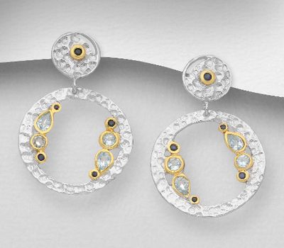 ADIORE JEWELS - 925 Sterling Silver Circle Push-Back Earrings, Decorated with Blue Sapphires and Sky-Blue Topaz, Plated with 3 Micron 22K Yellow Gold and White Rhodium