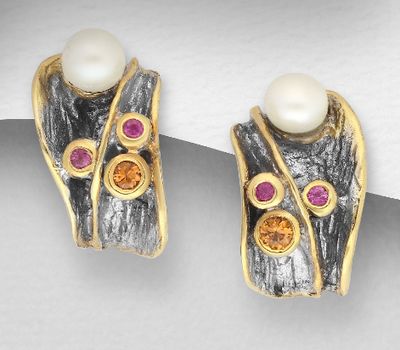 ADIORE JEWELS - 925 Sterling Silver Omega Lock Earrings, Decorated with Freshwater Pearls, Orange Sapphires and Pink Sapphires, Plated with 3 Micron 22K Yellow Gold and White Rhodium