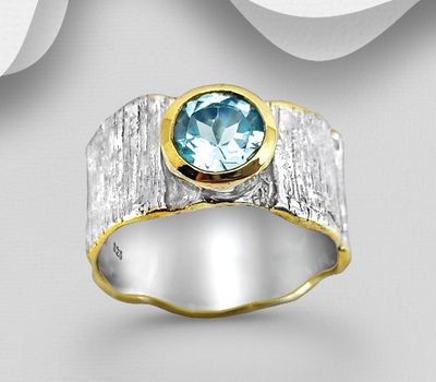 ADIORE JEWELS - 925 Sterling Silver Ring, Decorated with Sky-Blue Topaz, Decorated with 3 Micron 22K Yellow Gold