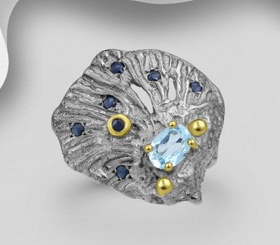 ADIORE JEWELS - 925 Sterling Silver Ring, Decorated with Blue Sapphire and Sky-Blue Topaz, Plated with 3 Micron 22K Yellow Gold and Grey Ruthenium