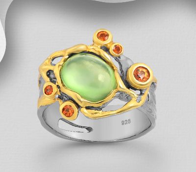 ADIORE JEWELS - 925 Sterling Silver Ring, Decorated with Orange Sapphires and Prehnite, Plated with 3 Micron 22K Yellow Gold and Grey Ruthenium