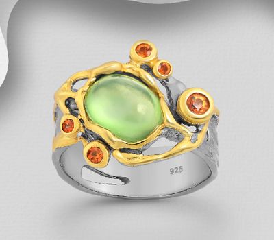 Şəkli böyütmək üçün tiklayın ADIORE JEWELS - 925 Sterling Silver Ring, Decorated with Orange Sapphires and Prehnite, Plated with 3 Micron 22K Yellow Gold and Grey Ruthenium