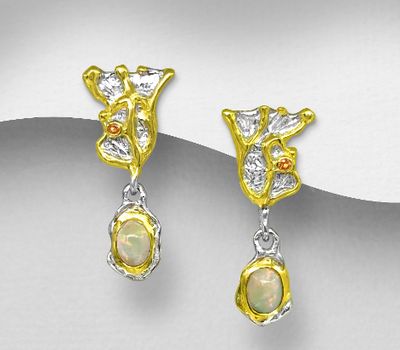 ADIORE JEWELS - 925 Sterling Silver Push-Back Earrings, Decorated with Orange Sapphire and Ethiopian Opal, Plated with 3 Micron 22K Yellow Gold