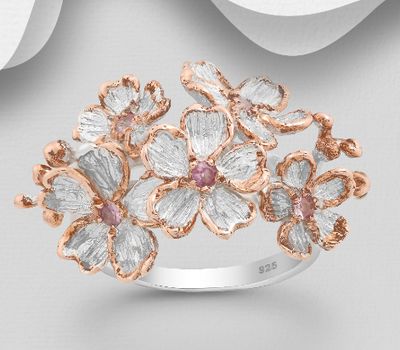 ADIORE JEWELS - 925 Sterling Silver Flower Ring, Decorated with Pink Sapphires, Plated with 3 Micron 22K Pink Gold