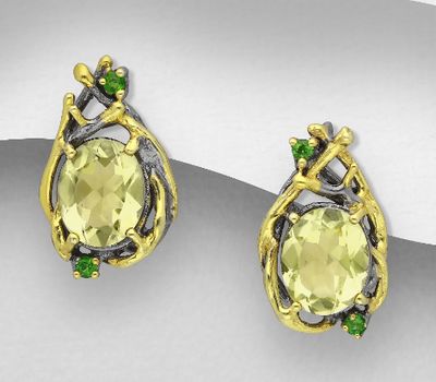ADIORE JEWELS - 925 Sterling Silver Push-Back Earrings, Decorated with Chrome Diopside and Lemon Quartz, Plated with 3 Micron 22K Yellow Gold and Grey Ruthenium