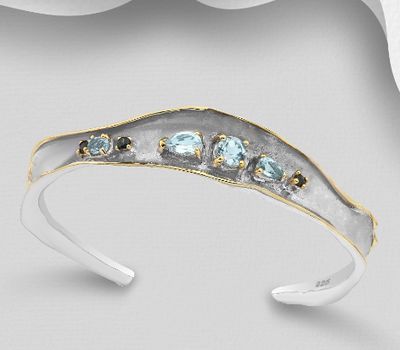 ADIORE JEWELS - 925 Sterling Silver Cuff, Decorated with Blue Sapphires and Sky-Blue Topaz, Plated with 3 Micron 22K Yellow Gold and White Rhodium