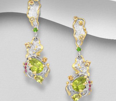 ADIORE JEWELS - 925 Sterling Silver Push-Back Earrings, Decorated with Rhodolite, Chrome Diopside and Peridot, Plated with 3 Micron 22K Yellow Gold and White Rhodium