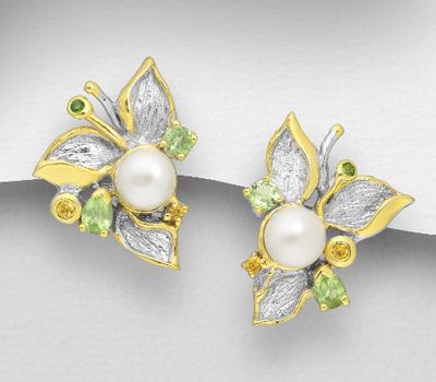 ADIORE JEWELS - 925 Sterling Silver Leaf Omega Lock Earrings, Decorated with Freshwater Pearls, Yellow Sapphires, Chrome Diopside and Peridots, Plated with 3 Micron 22K Yellow Gold