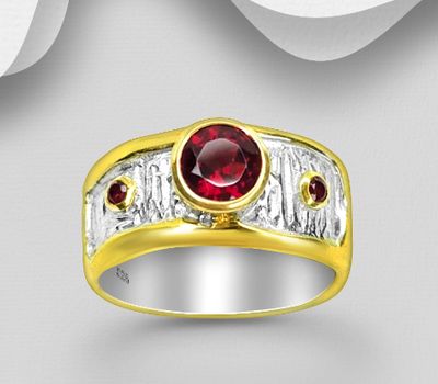 ADIORE JEWELS - 925 Sterling Silver Ring, Decorated with Garnet, Plated with 3 Micron 22K Yellow Gold
