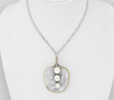 ADIORE JEWELS - 925 Sterling Silver Necklace Decorated with Freshwater Pearls, Plated with 3 Micron 22K Yellow Gold and White Rhodium