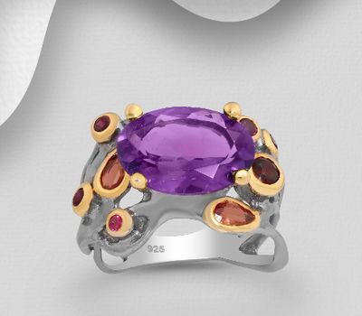 ADIORE JEWELS - 925 Sterling Silver Ring Decorated with Amethyst, Orange Sapphires, Garnets and Rhodolites, Plated with 3 micron 22K Yellow Gold and Grey Ruthenium