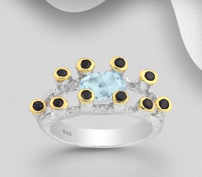 ADIORE JEWELS - 925 Sterling Silver Ring Decorated with Blue Sapphires and Sky-Blue Topaz, Plated with 3 Micron 22K Yellow Gold and White Rhodium
