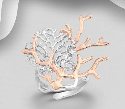 ADIORE JEWELS - 925 Sterling Silver Coral Ring, Plated with 3 Micron 22K Pink Gold and White Rhodium