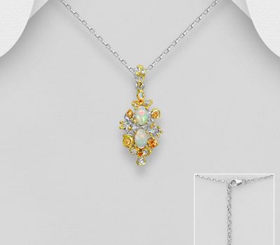 ADIORE JEWELS - 925 Sterling Silver Necklace, Decorated with Ethiopian Opal, Orange and Yellow Sapphires, Plated with 3 Micron 22K Yellow Gold