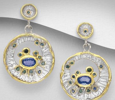 ADIORE JEWELS - 925 Sterling Silver Push-Back Circle Earrings Decorated with Blue Sapphires and Tanzanites, Plated with 3 Micron 22K Yellow Gold and White Rhodium