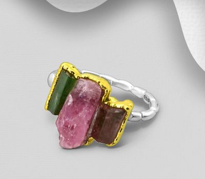 ADIORE JEWELS - One-of-a-Kind - 925 Sterling Silver Ring, Decorated with Tourmaline, Plated with 3 Micron 22K Yellow Gold