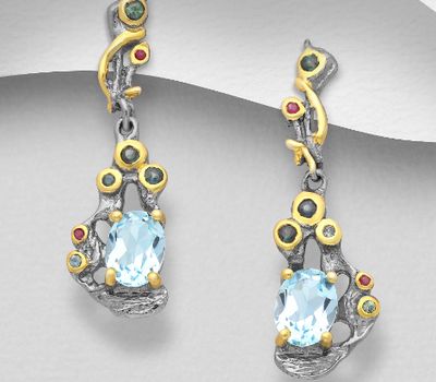 La Preciada - 925 Sterling Silver Push-Back Earrings, Decorated with Rhodolite, Sky-Blue Topaz and Blue Sapphires, Plated with 3 Micron 22K Yellow Gold and Grey Ruthenium