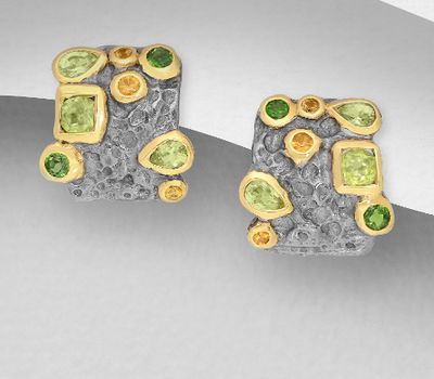ADIORE JEWELS - 925 Sterling Silver Omega Lock Earrings, Decorated with Orange Sapphires, Chrome Diopside and Peridot, Plated with 3 Micron 22K Yellow Gold and Grey Ruthenium