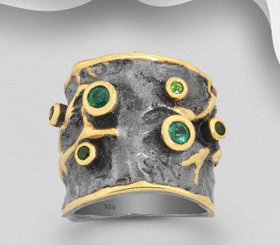 ADIORE JEWELS - 925 Sterling Silver Ring, Decorated with Emeralds and Chrome Diopsides, Plated with 3 Micron 22K Yellow Gold and Grey Ruthenium