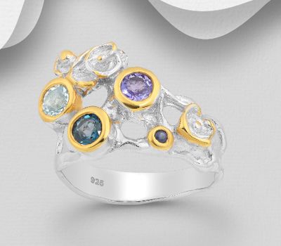ADIORE JEWELS - 925 Sterling Silver Ring, Decorated with Blue Sapphire, London Blue Topaz, Sky-Blue Topaz and Tanzanite, Plated with 3 Micron 22K Yellow Gold and White Rhodium