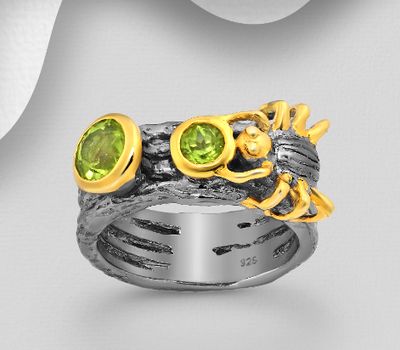 ADIORE JEWELS - 925 Sterling Silver Spider Ring, Decorated with Peridots, Plated with 3 Micron 22K Yellow Gold and Black Rhodium