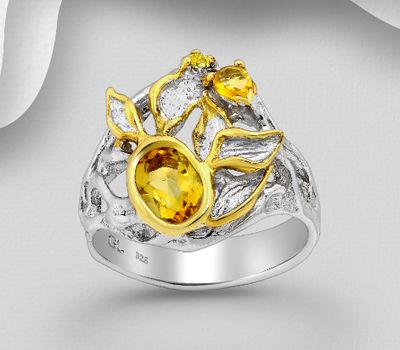 ADIORE JEWELS - 925 Sterling Silver Ring, Decorated with Yellow Sapphire and Citrine, Plated with 3 Micron 22K Yellow Gold