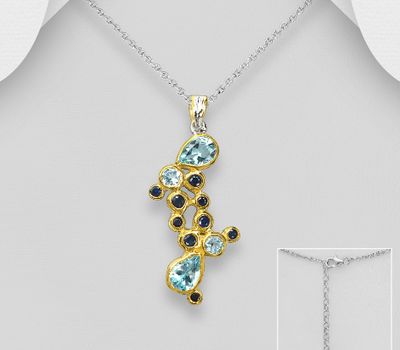 ADIORE JEWELS - 925 Sterling Silver Necklace, Decorated with Blue Sapphire and Sky-Blue Topaz, Plated with 3 Micron 22K Yellow Gold