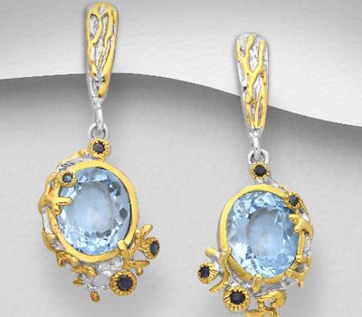 Şəkli böyütmək üçün tiklayın ADIORE JEWELS - 925 Sterling Silver Push-Back Earrings Decorated with Blue Sapphires and Sky-Blue Topaz, Plated with 3 Micron 22K Yellow Gold and White Rhodium