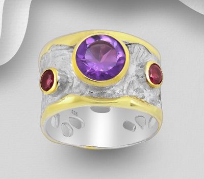 ADIORE JEWELS - 925 Sterling Silver Band Ring, Decorated with Amethyst and Rhodolites, Plated with 3 Micron 22K Yellow Gold