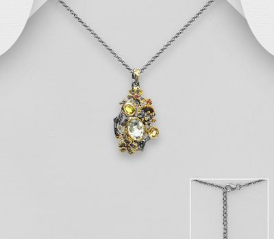 ADIORE JEWELS - 925 Sterling Silver Necklace, Decorated with Orange Sapphire, Citrine and Green Amethyst, Plated with 3 Micron 22K Yellow Gold and Grey Ruthenium