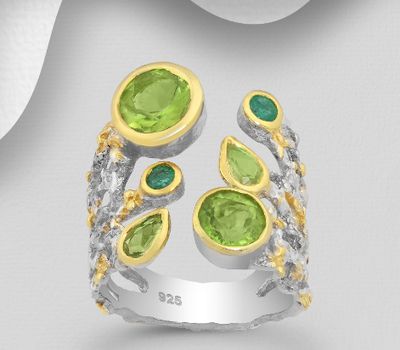 ADIORE JEWELS - 925 Sterling Silver Open Ring, Decorated with Emeralds and Peridots, Plated with 3 Micron 22K Yellow Gold and White Rhodium