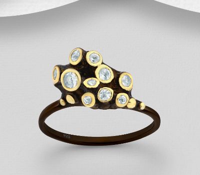 Şəkli böyütmək üçün tiklayın ADIORE JEWELS - 925 Sterling Silver Ring Decorated with Sky-Blue Topaz, Plated with 3 Micron 22K Yellow Gold and Black Rhodium