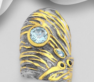 ADIORE JEWELS - 925 Sterling Silver Ring, Decorated with Blue Sapphires and Sky-Blue Topaz, Plated with 3 Micron 22K Yellow Gold and White Rhodium