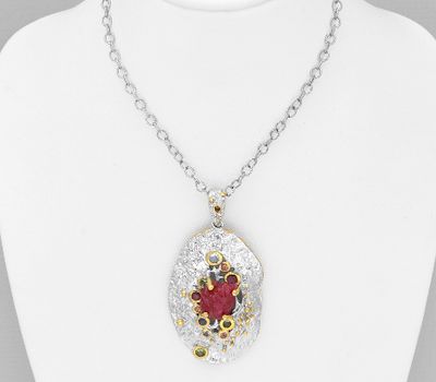 Şəkli böyütmək üçün tiklayın ADIORE JEWELS - 925 Sterling Silver Necklace Decorated with Green Sapphires, Light blue Sapphires, Orange Sapphires, Pink Sapphire, Amethyst and Ruby, Plated with 3 Micron 22K Yellow Gold and White Rhodium