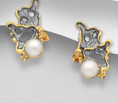 ADIORE JEWELS - 925 Sterling Silver Push-Back Earrings, Decorated with Freshwater Pearl, Citrine and Yellow Sapphire, Plated with 3 Micron 22k Yellow Gold and White Rhodium