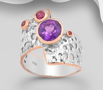 ADIORE JEWELS - 925 Sterling Silver Ring, Decorated with Red Sapphire, Amethyst and Rhodolite, Plated with 3 Micron 22K Pink Gold and White Rhodium
