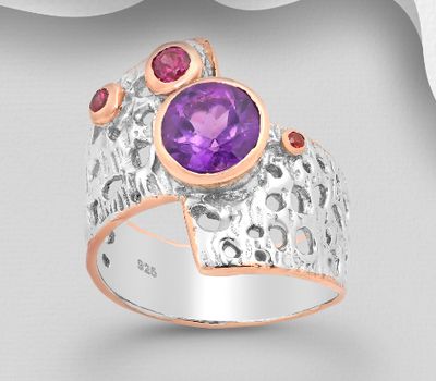 Şəkli böyütmək üçün tiklayın ADIORE JEWELS - 925 Sterling Silver Ring, Decorated with Red Sapphire, Amethyst and Rhodolite, Plated with 3 Micron 22K Pink Gold and White Rhodium