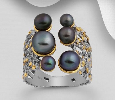 ADIORE JEWELS - 925 Sterling Silver Ring Decorated with Freshwater Pearls, Plated with 3 Micron 22K Yellow Gold and Grey Ruthenium