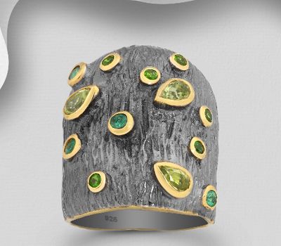ADIORE - 925 Sterling Silver Long Ring, Decorated with Teardrop Shape Peridots, Chrome Diopsides and Emeralds, Plated with 3 Micron 22K Yellow Gold and Grey Ruthenium