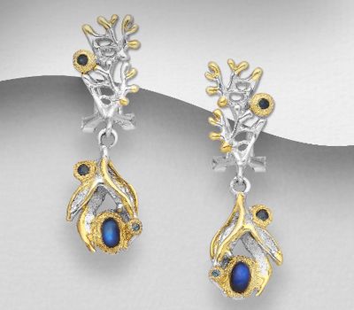 ADIORE JEWELS - 925 Sterling Silver Branch Push-Back & British / Omega Lock Earrings, Decorated with Spectrolite and Blue Sapphires and 3 Micron 22K Yellow Gold and White Rhodium