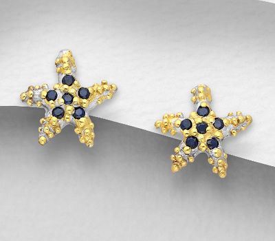 ADIORE JEWELS - 925 Sterling Silver Starfish Ring, Decorated Blue Sapphire plated with 3 Micron 22K Yellow Gold and White Rhodium