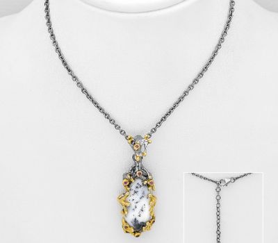 ADIORE JEWELS - 925 Sterling Silver Necklace, Decorated with Dendritic Opal and Rhodolites, Plated with 3 Micron 22K Yellow Gold and Grey Ruthenium