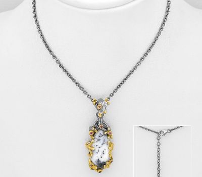 Malın səhifəsinə keç ADIORE JEWELS - 925 Sterling Silver Necklace, Decorated with Dendritic Opal and Rhodolites, Plated with 3 Micron 22K Yellow Gold and Grey Ruthenium