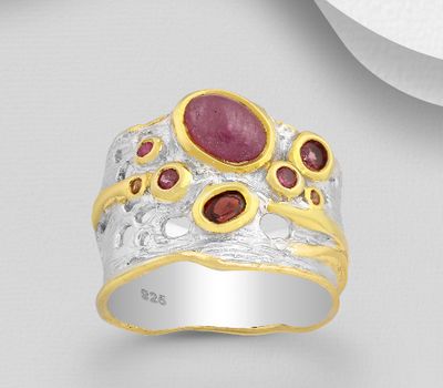 ADIORE JEWELS - 925 Sterling Silver Ring Decorated with Orange Sapphires and Rubies, Plated with 3 Micron 22K Yellow Gold and White Rhodium