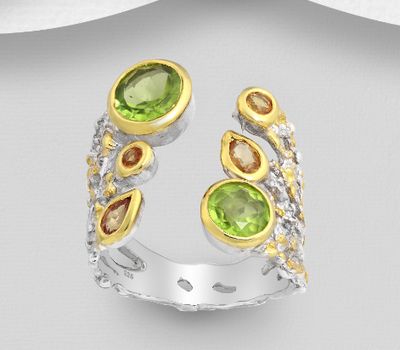 ADIORE JEWELS - 925 Sterling Silver Ring Decorated with Orange Sapphires and Peridots, Plated with 3 Microns 22K Yellow Gold and White Rhodium