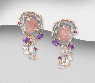 ADIORE JEWELS - 925 Sterling Silver Leaf Omega Lock Earrings Decorated with Rose Quartz, Amethyst and Pink Sapphires, Plated with 3 Micron 22k Pink Gold and White Rhodium