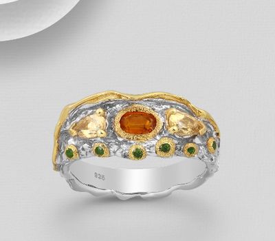 ADIORE JEWELS - 925 Sterling Silver Ring Decorated with Chrome Diopsides, Citrines and Orange Kyanite, Plated with 3 Micron 22K Yellow Gold and White Rhodium