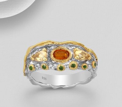 Şəkli böyütmək üçün tiklayın ADIORE JEWELS - 925 Sterling Silver Ring Decorated with Chrome Diopsides, Citrines and Orange Kyanite, Plated with 3 Micron 22K Yellow Gold and White Rhodium