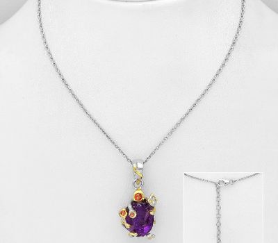 ADIORE JEWELS - 925 Sterling Silver Necklace, Decorated with Amethyst and Orange Sapphire, Plated with 3 Micron 22K Yellow Gold and White Rhodium