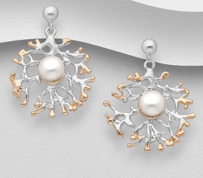 ADIORE JEWELS - 925 Sterling Silver Push-Back Earrings, Decorated with Freshwater Pearls, Plated with 3 Micron 22K Pink Gold